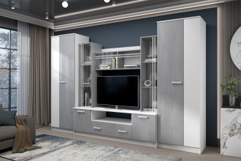 Стенка Николь-2 белый/бетонный камень(Зарон) в Сухом Логу - suhoj-log.mebel-e96.ru
